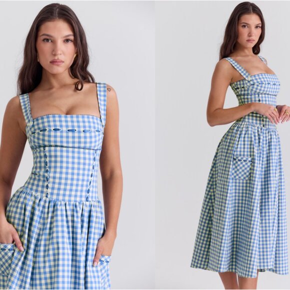 HOUSE OF CB 'Vivien' Regatta Blue Gingham Midi Sundress NWOT - Picture 4 of 10